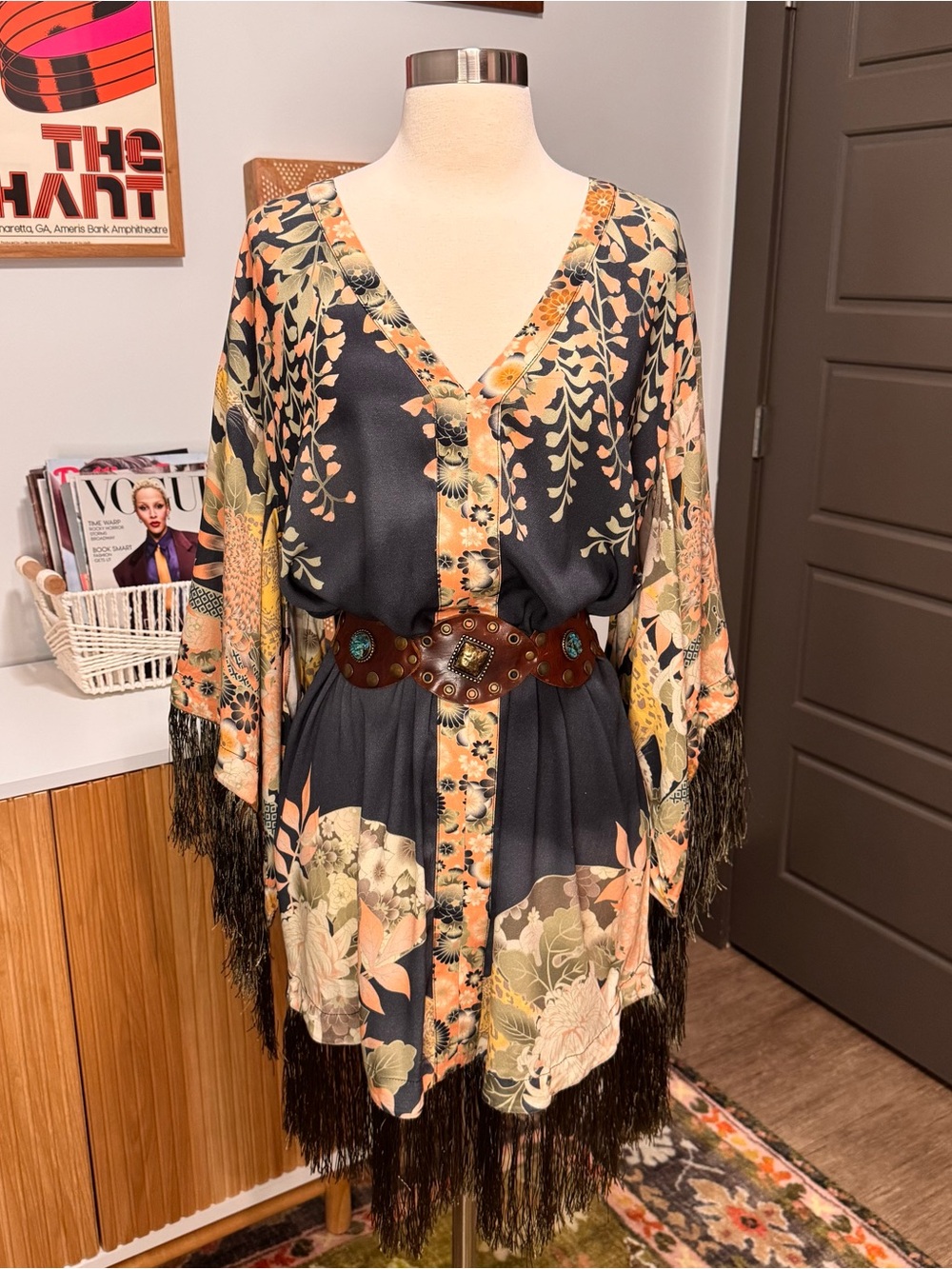 Spell Floral Fringe Mini Dress in Navy, Peach, Cream